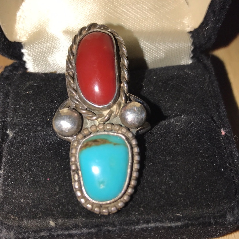 Vintage Native American Turquoise and coral ring